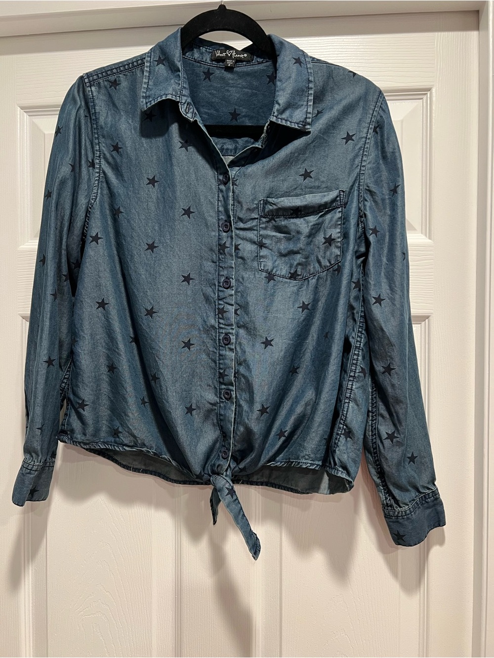 Velvet Heart Denim-Look Star Print Tie Front Button-Down Shirt - Blue